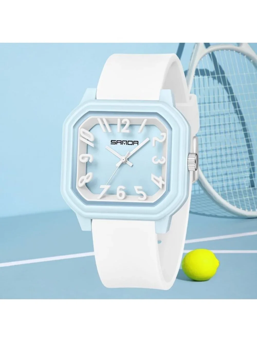 Women’s Blue White Big Arabic Numbers Silicone Strap Analog Square Wrist Watch